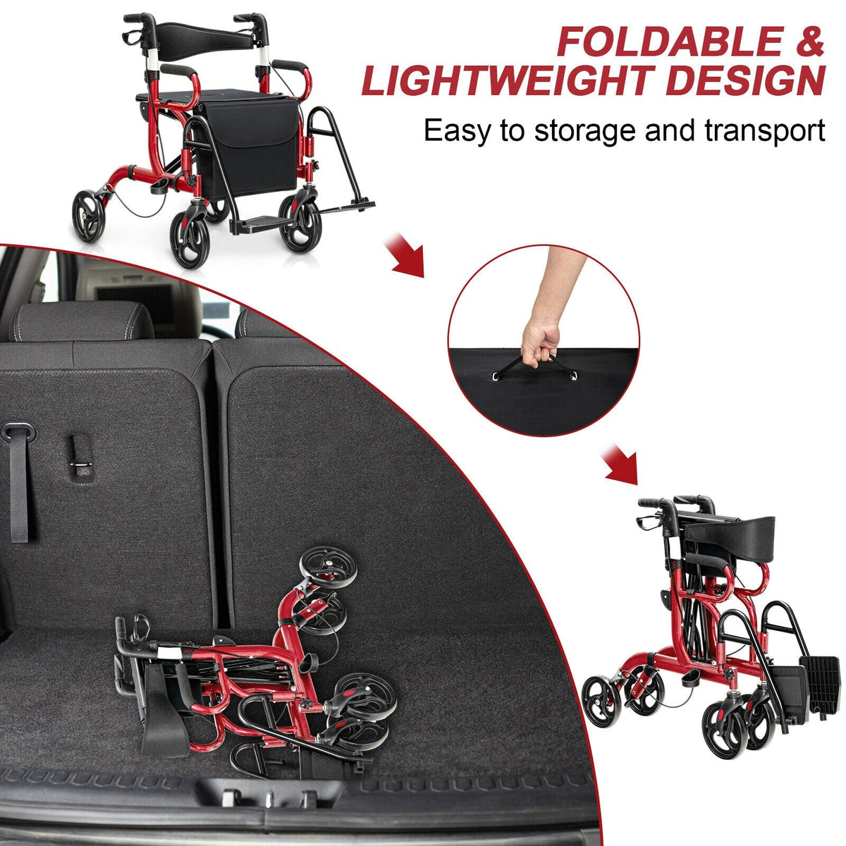 Folding Rollator Walker with 8-inch Wheels and Seat-Red