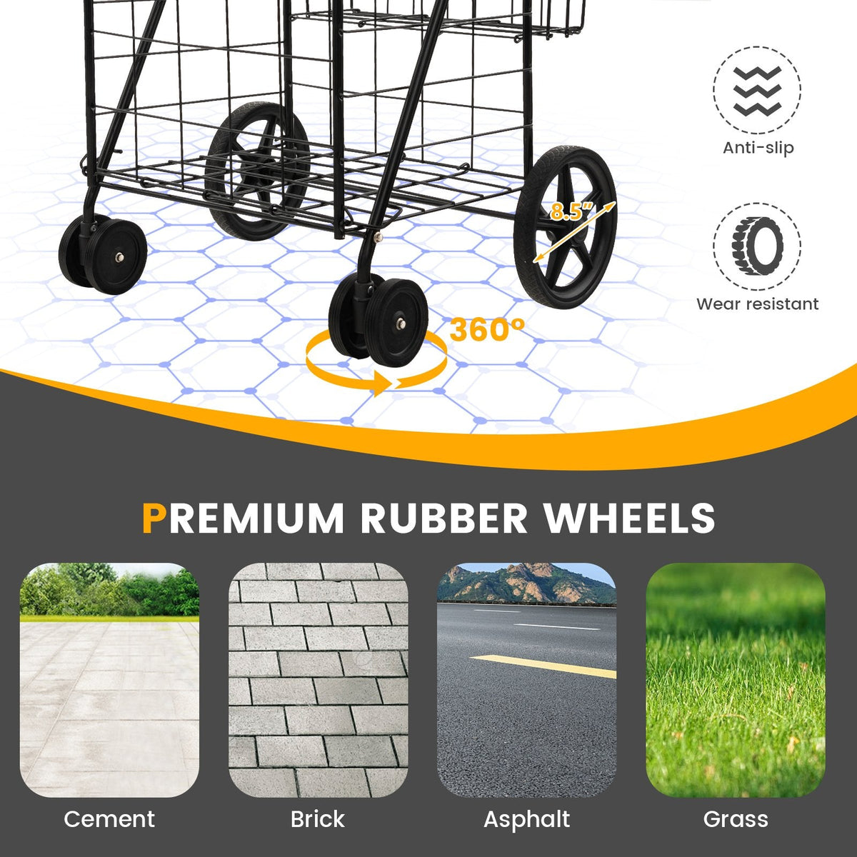 Folding Rolling Shopping Cart with Waterproof Liner and Basket-Black