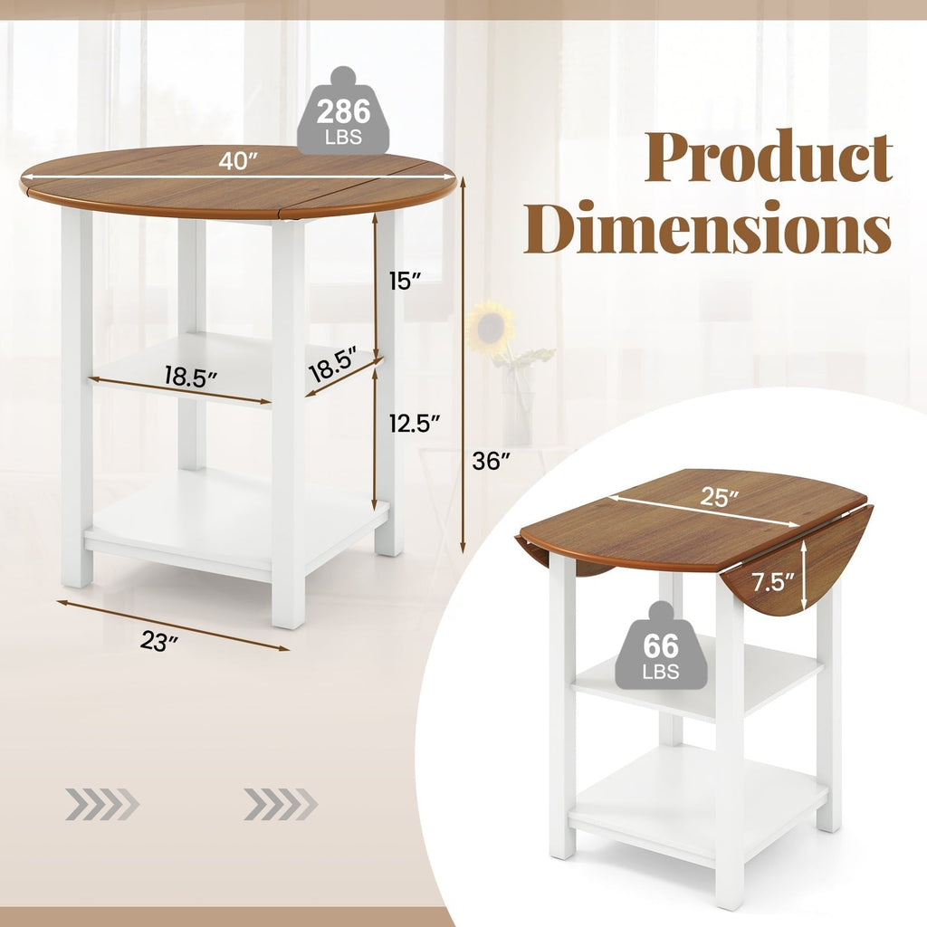 Folding Round Dining Table Drop Leaf Table with 2 Shelves for Small Spaces-White