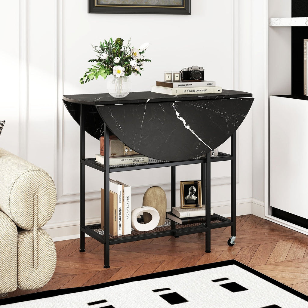 Folding Round Dining Table with Lockable Wheels-Black