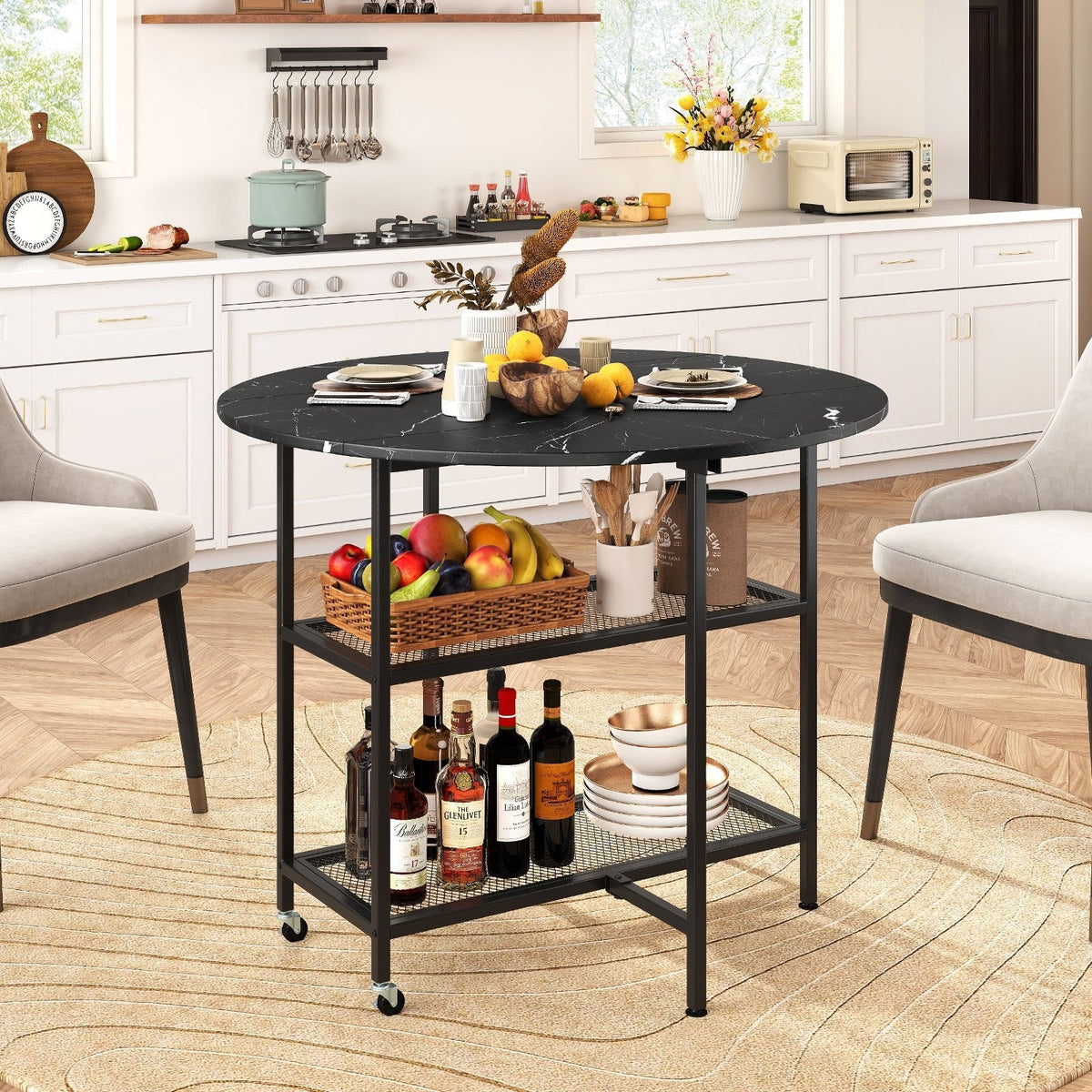 Folding Round Dining Table with Lockable Wheels-Black