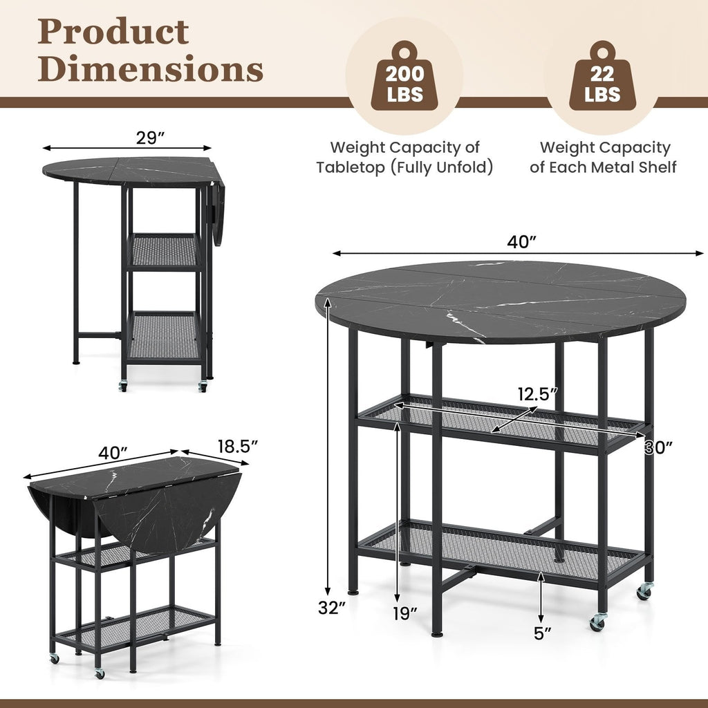 Folding Round Dining Table with Lockable Wheels-Black