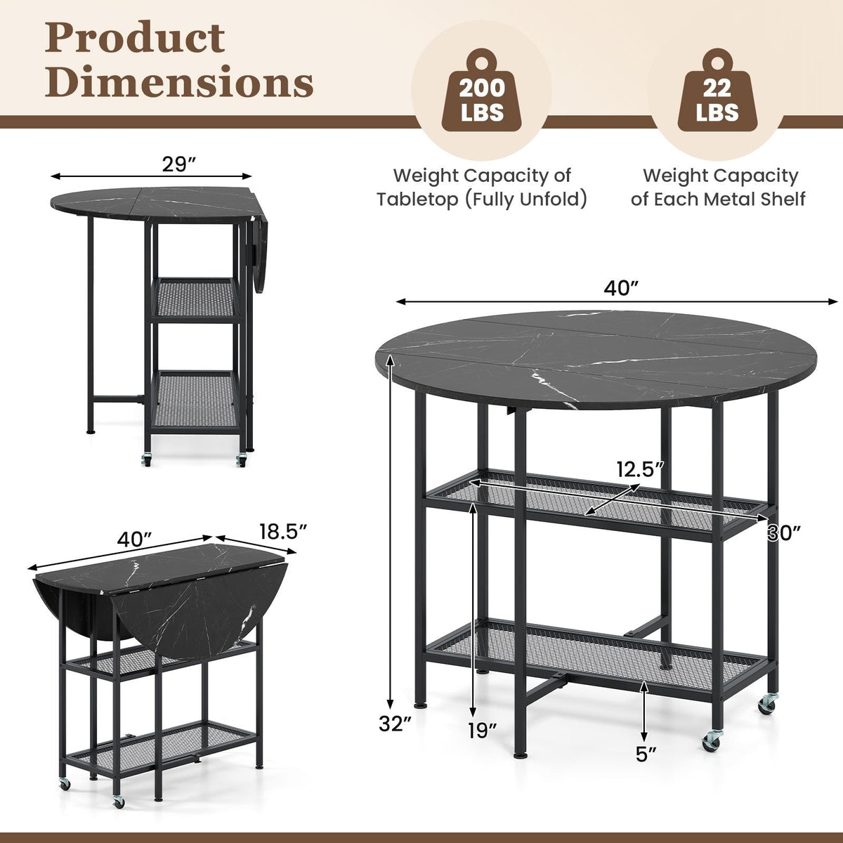 Folding Round Dining Table with Lockable Wheels-Black