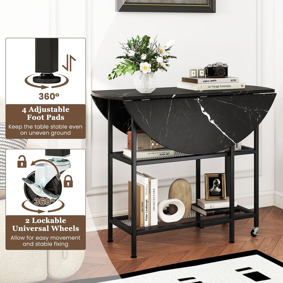 Folding Round Dining Table with Lockable Wheels-Black