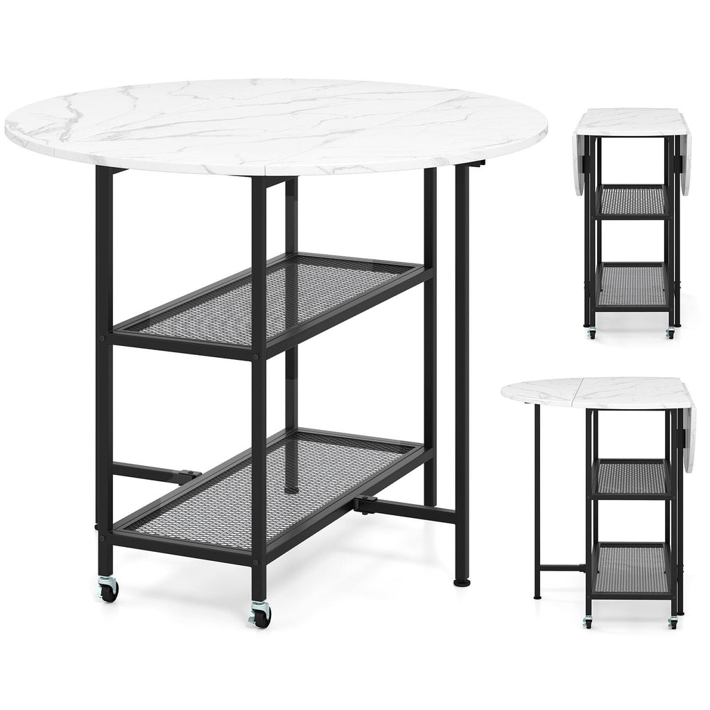 Folding Round Dining Table with Lockable Wheels-White
