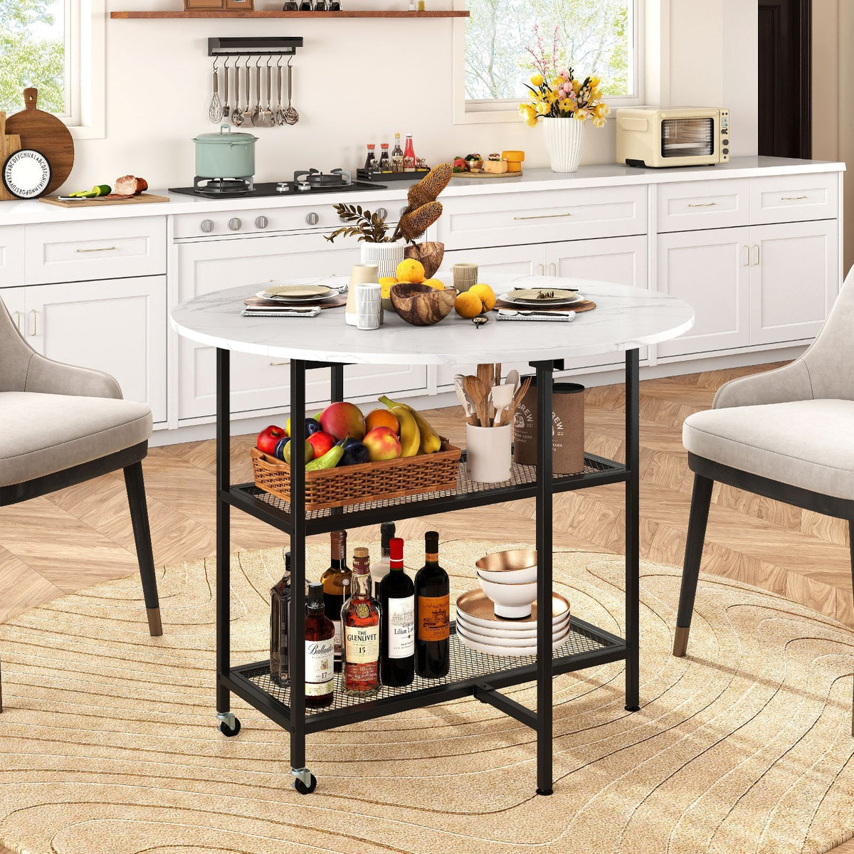 Folding Round Dining Table with Lockable Wheels-White