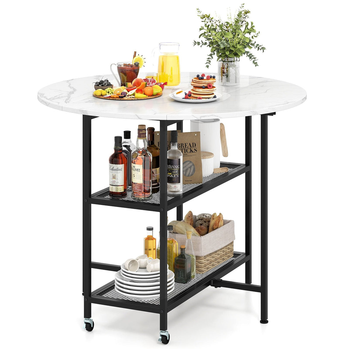 Folding Round Dining Table with Lockable Wheels-White