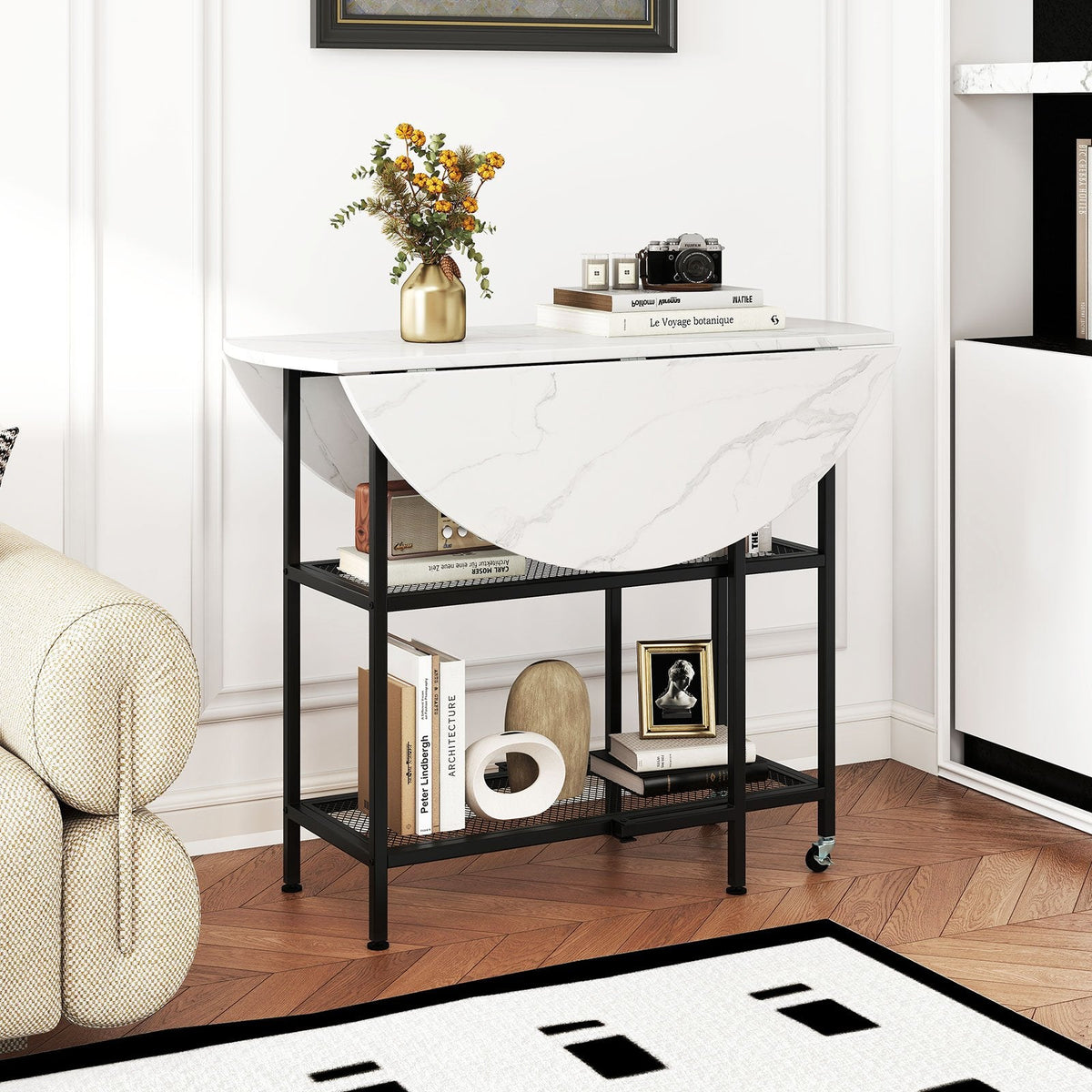 Folding Round Dining Table with Lockable Wheels-White