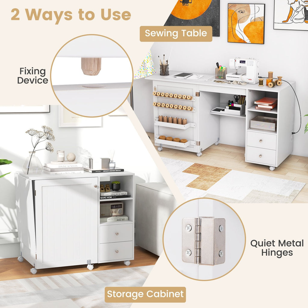 Folding Sewing Table with Charging Station and Storage Shelves-White