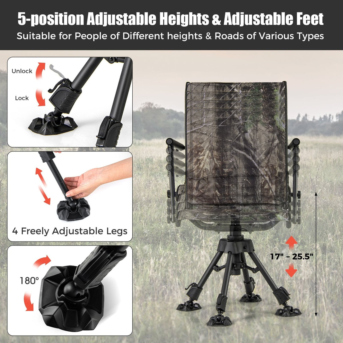 Folding Swivel Patio Chair with 4 Adjustable Leg-Camouflage