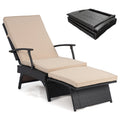 Folding Wicker Chaise Lounge with Slide Out Ottoman, 11 Levels, Beige