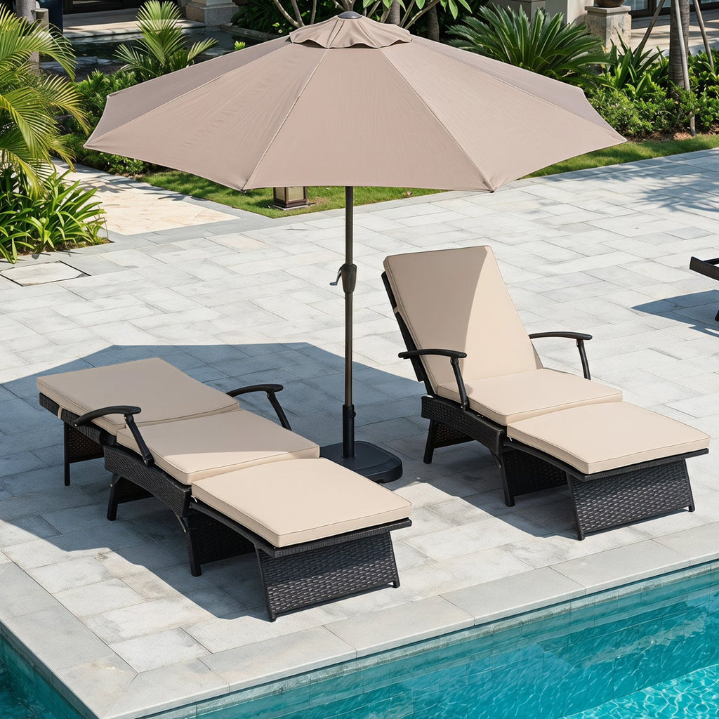 Folding Wicker Chaise Lounge with Slide Out Ottoman, 11 Levels, Beige
