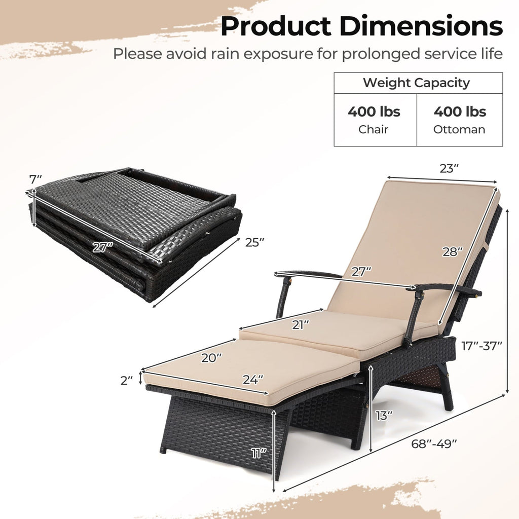 Folding Wicker Chaise Lounge with Slide Out Ottoman, 11 Levels, Beige