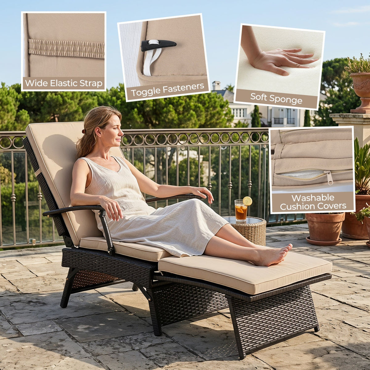 Folding Wicker Chaise Lounge with Slide Out Ottoman, 11 Levels, Beige