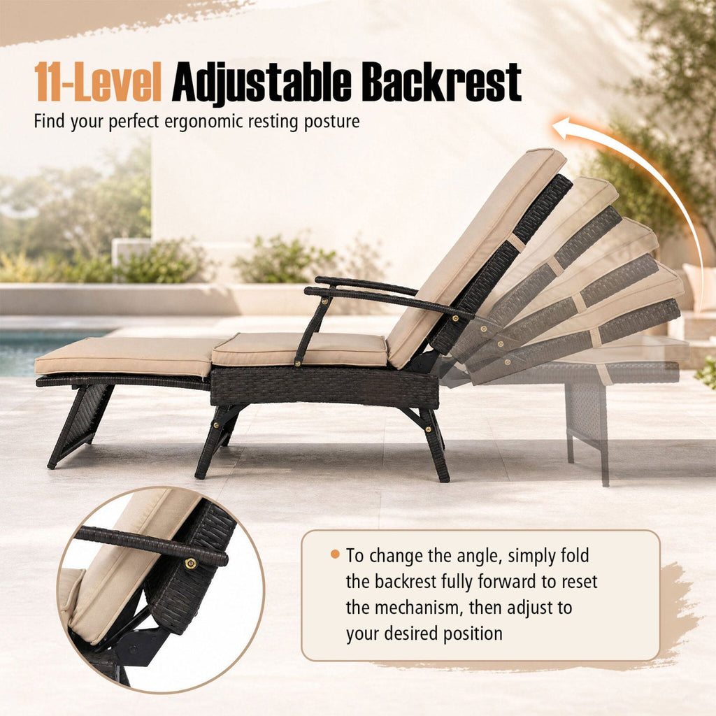 Folding Wicker Chaise Lounge with Slide Out Ottoman, 11 Levels, Beige