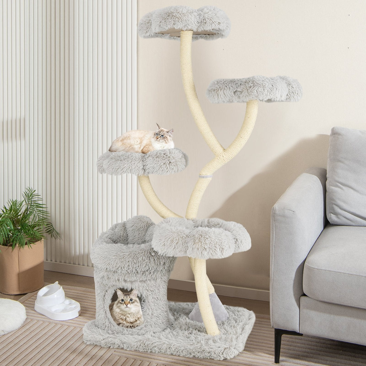 65 Inch Cat Tower with Four Flower Platforms on Curved Y Shaped Posts