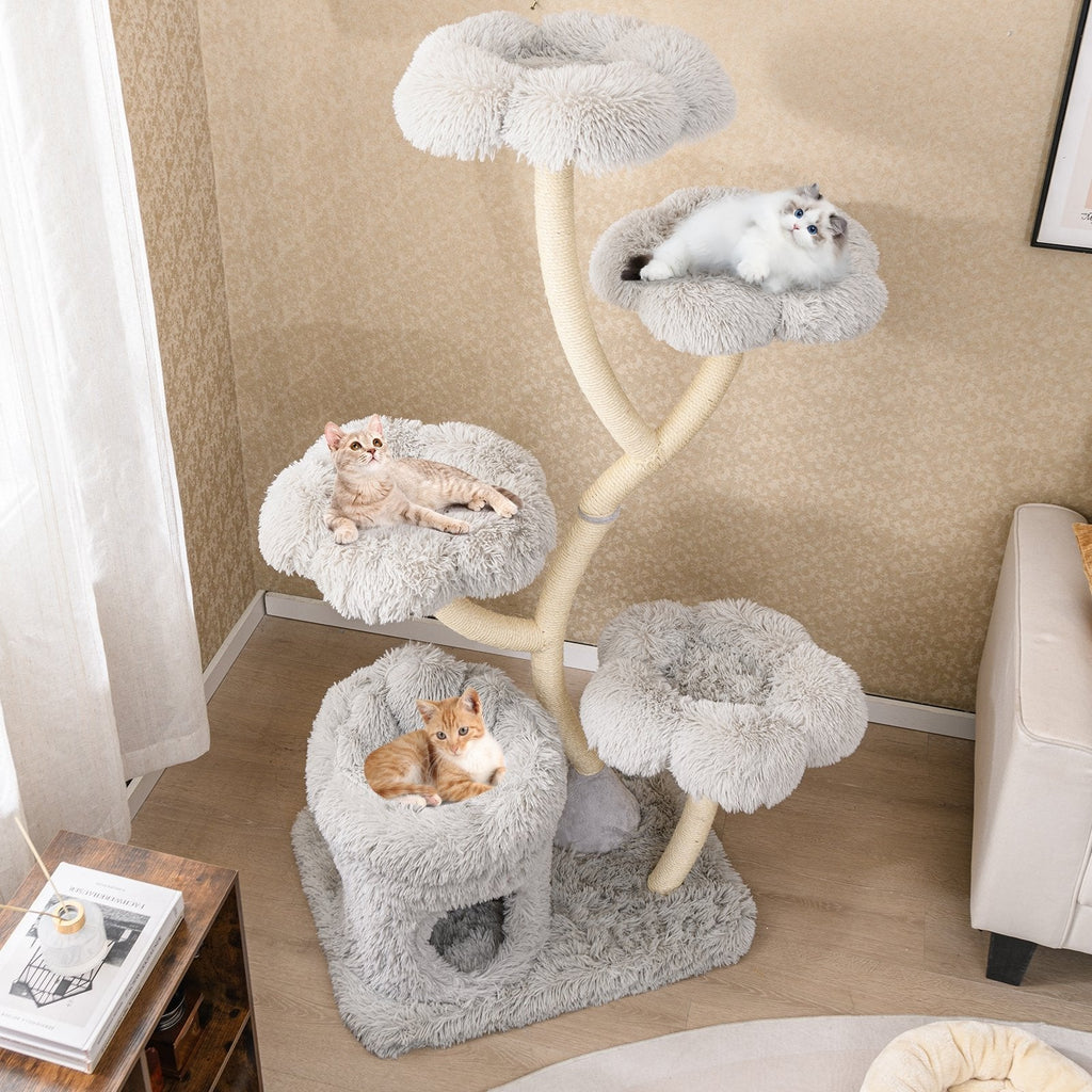 65 Inch Cat Tower with Four Flower Platforms on Curved Y Shaped Posts