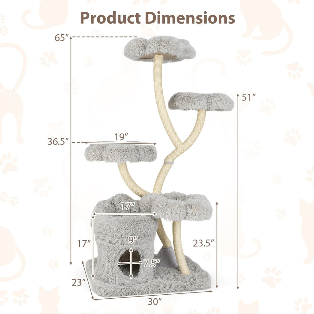 65 Inch Cat Tower with Four Flower Platforms on Curved Y Shaped Posts