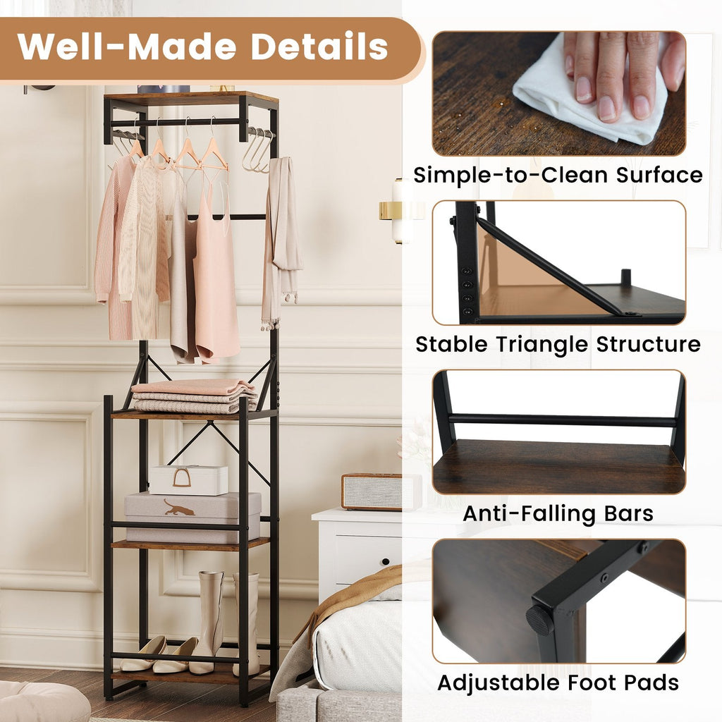 Freestanding Coat Rack with 4 Storage Shelves and 6 Hooks-Rustic Brown