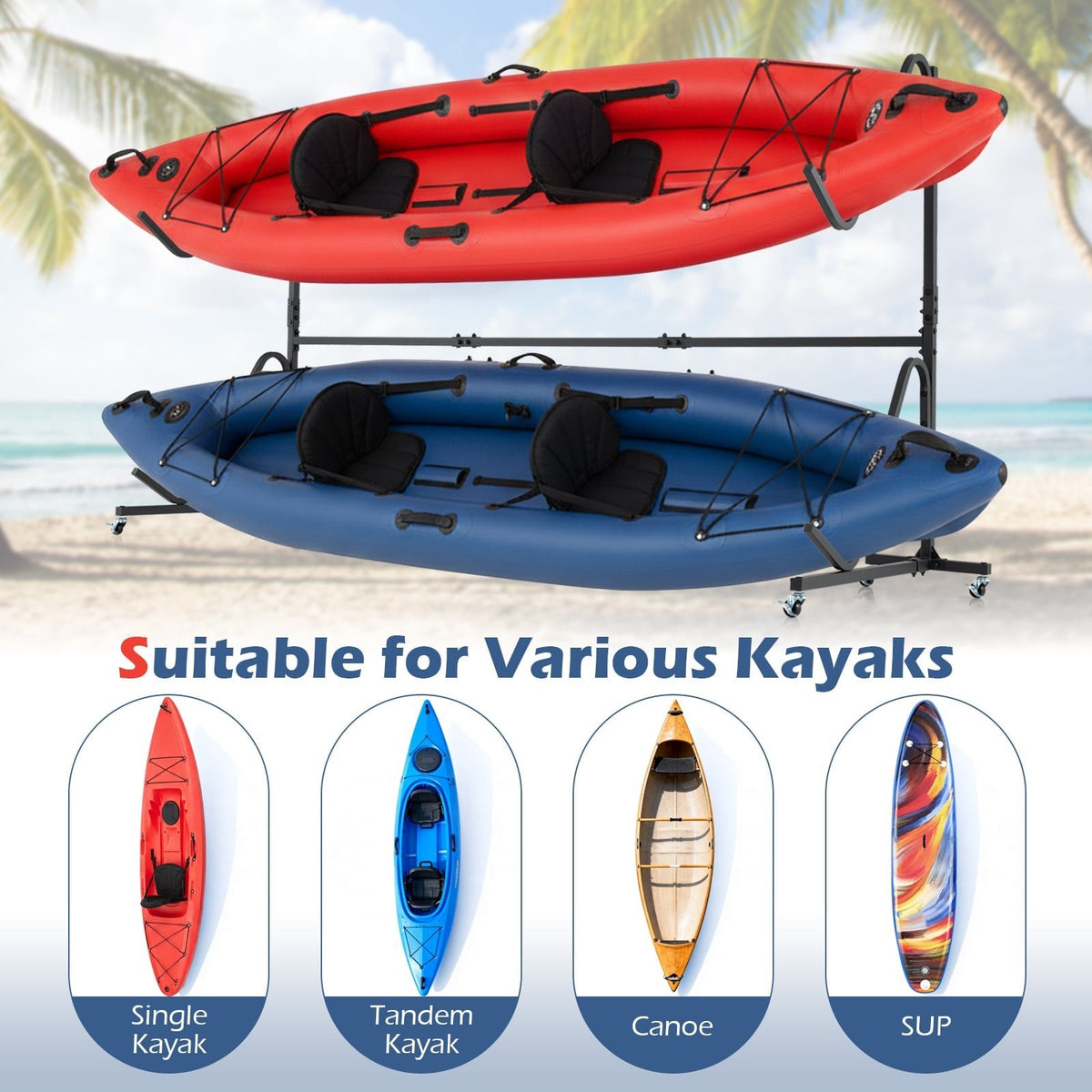 Freestanding Kayak Storage Rack with 6 Lockable Wheels-Black