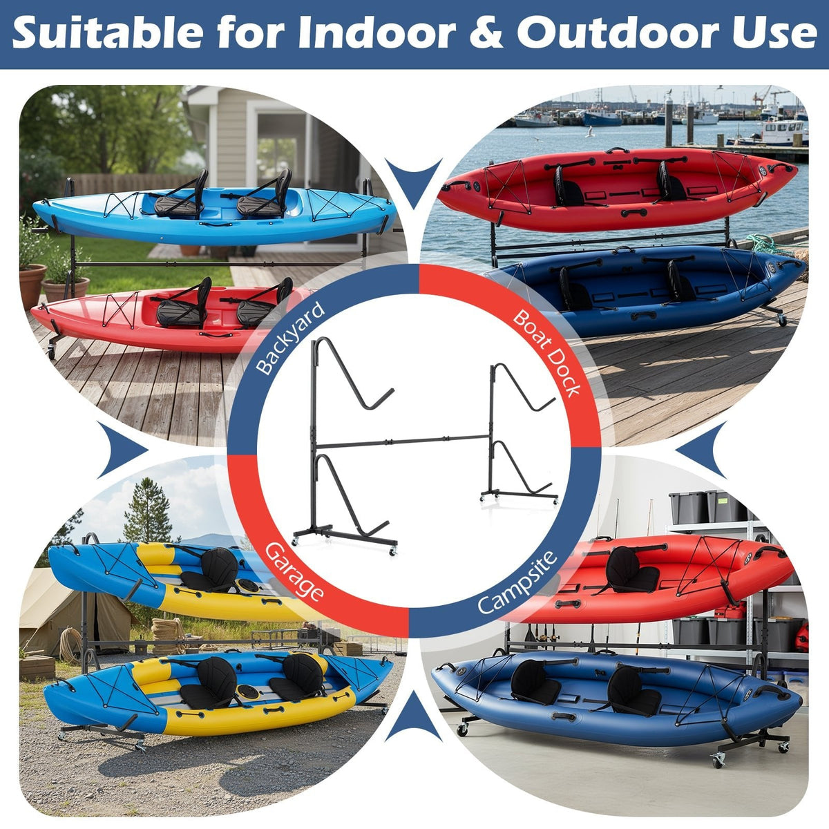 Freestanding Kayak Storage Rack with 6 Lockable Wheels-Black