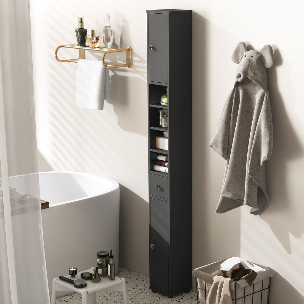Freestanding Slim Bathroom Cabinet with Drawer and Adjustable Shelves-Gray