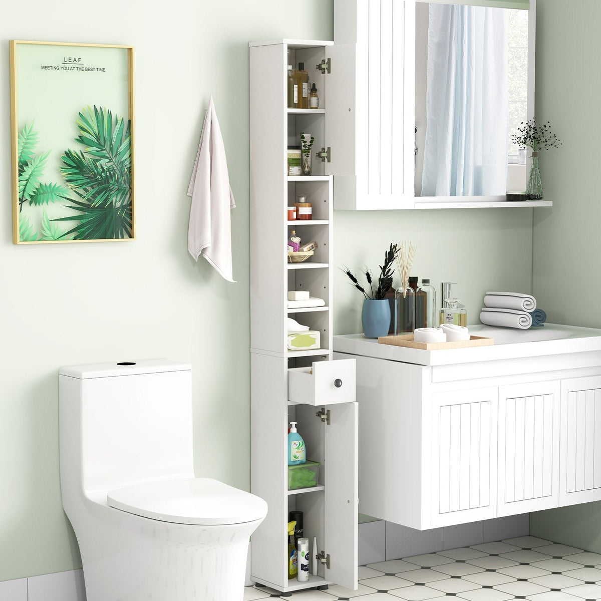 Freestanding Slim Bathroom Cabinet with Drawer and Adjustable Shelves-White