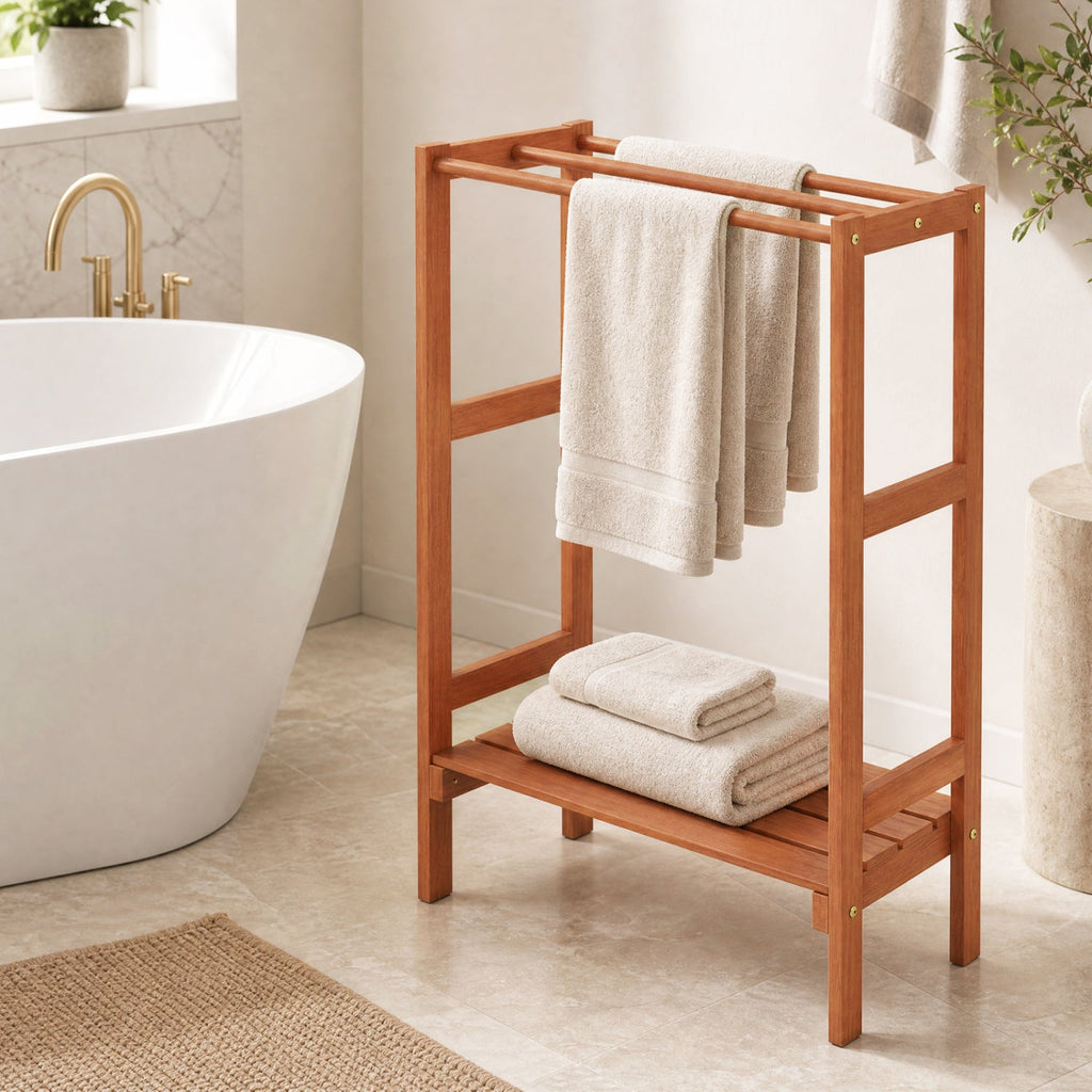Freestanding Towel Rack with 3 Hanging Bars & Bottom Shelf for Bathroom Laundry