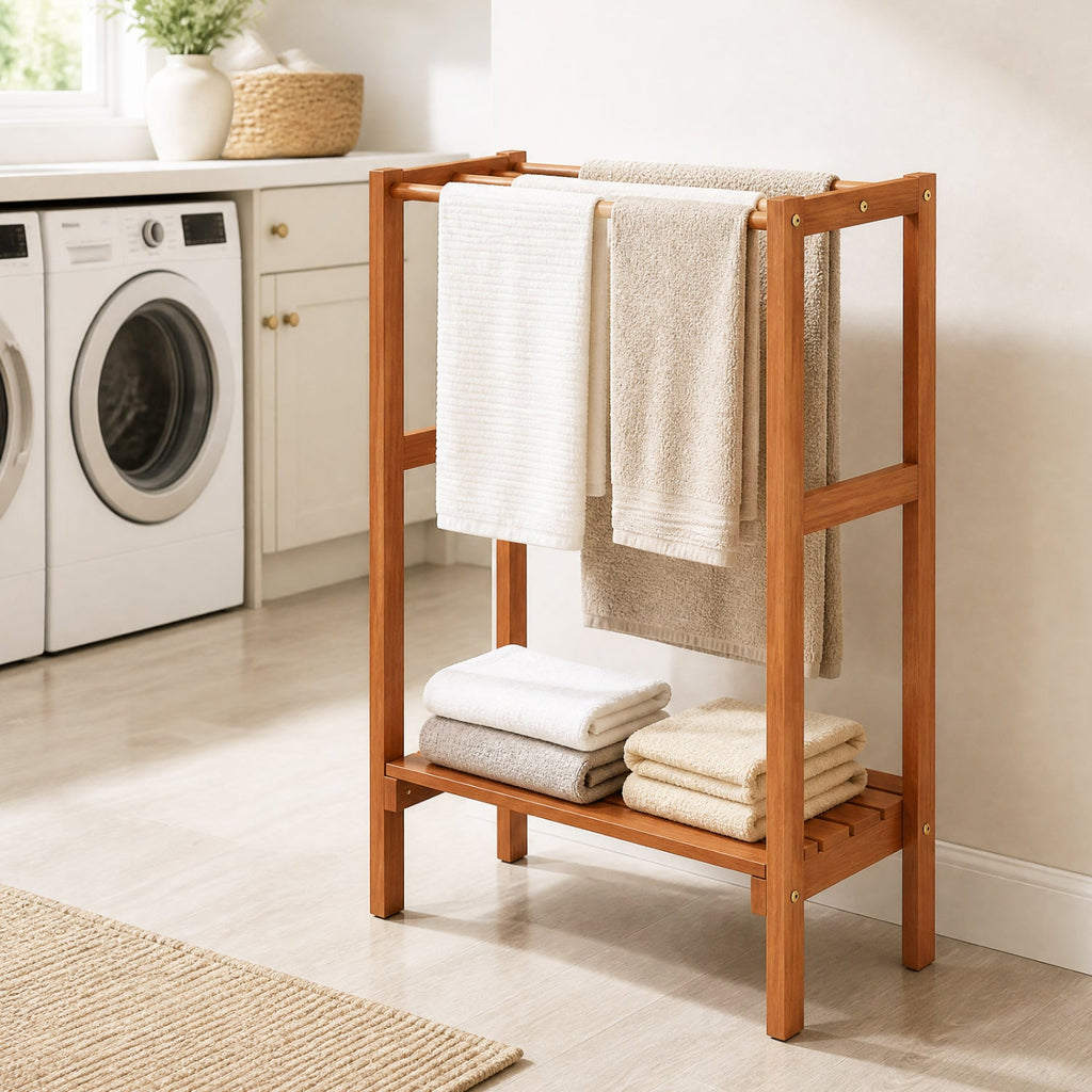 Freestanding Towel Rack with 3 Hanging Bars & Bottom Shelf for Bathroom Laundry