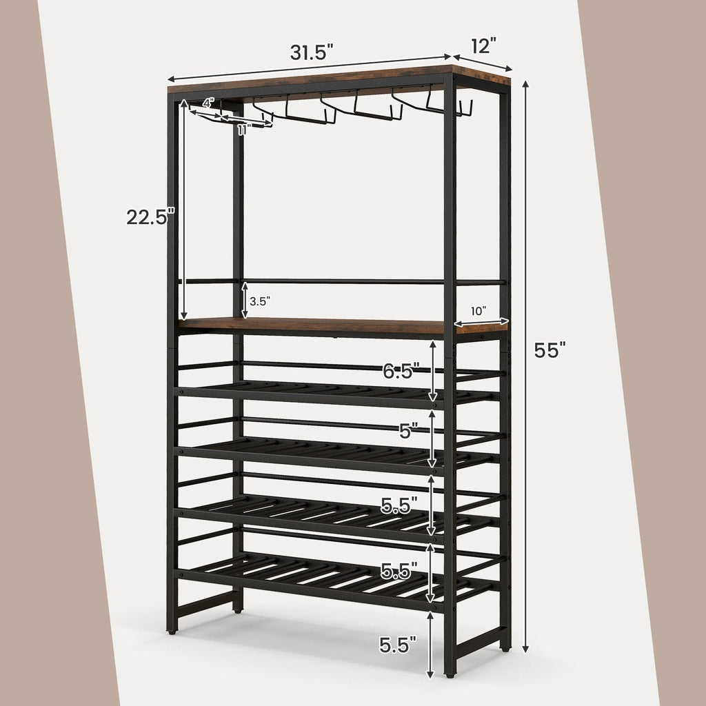 Freestanding Wine Bakers Rack with 4-Tier Wine Storage and 4 Rows of Stemware Racks