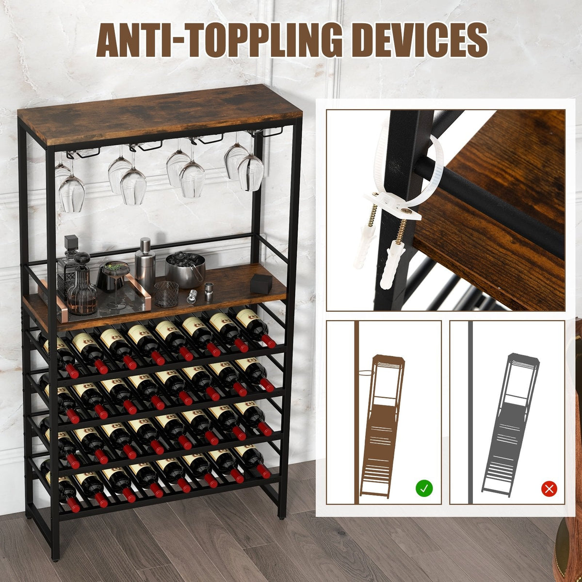 Freestanding Wine Bakers Rack with 4-Tier Wine Storage and 4 Rows of Stemware Racks