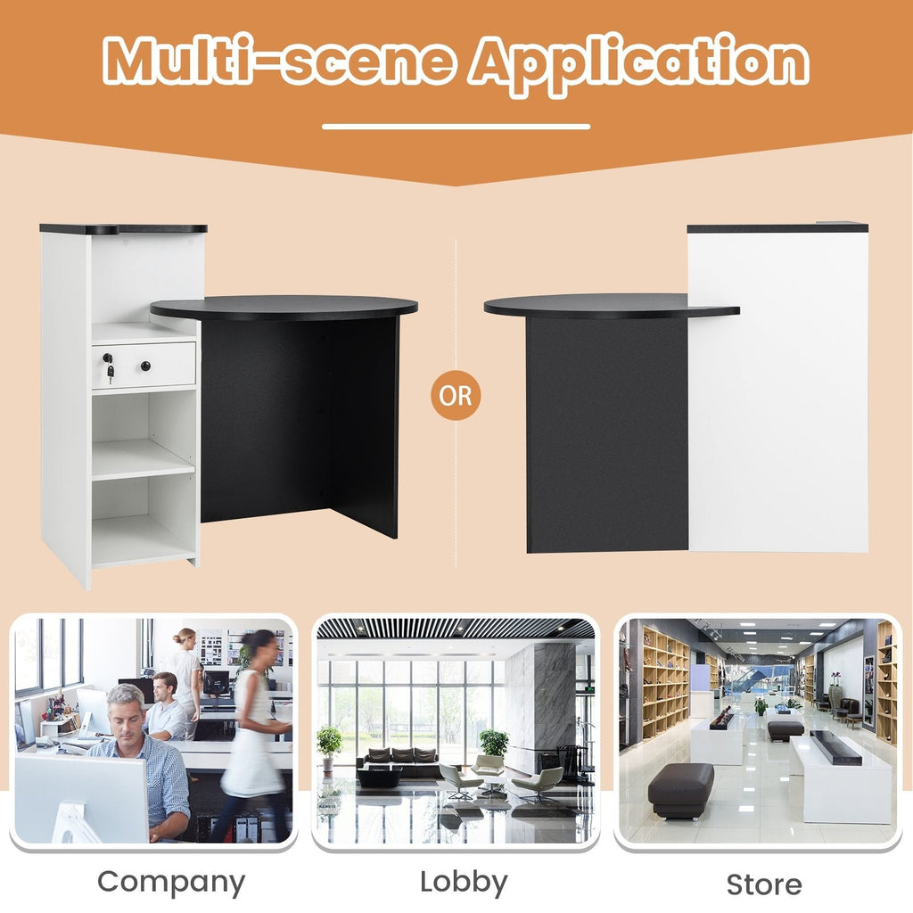 Front Reception Office Desk with Adjustable Shelf and Lockable Drawer-Black & White