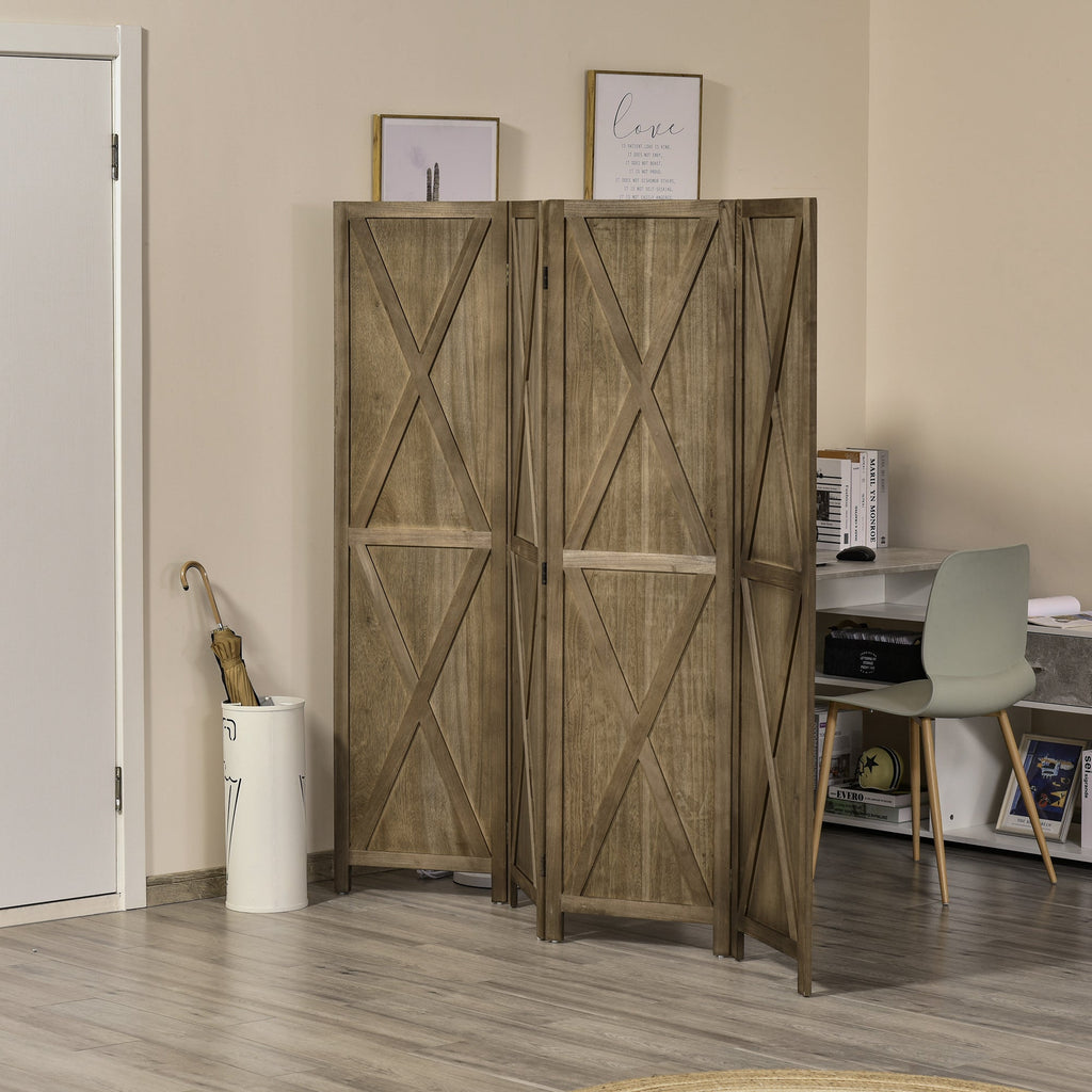 4-panel Wall Partition Farmhouse Room Separator with Foldable Design Wooden Frame 5.6FT, Walnut