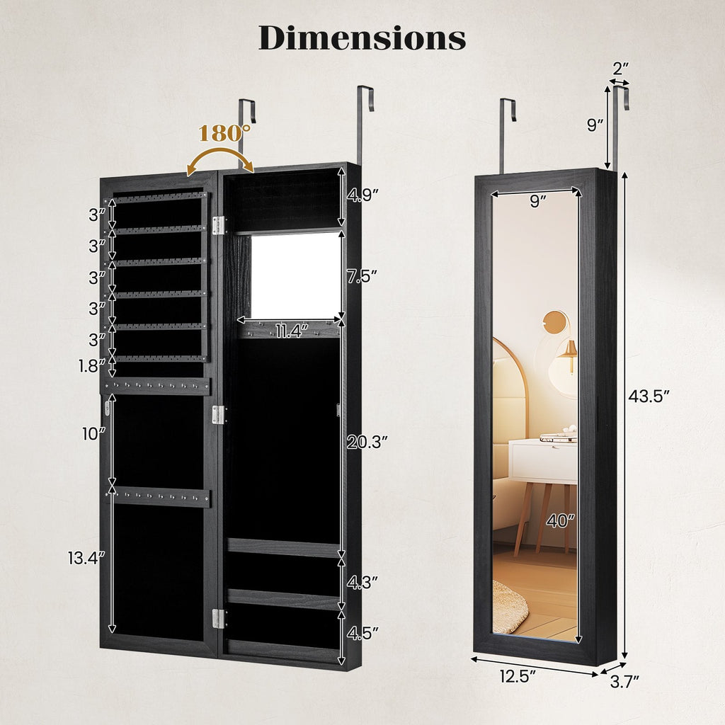 Full Length Mirror Jewelry Cabinet with Ring Slots and Necklace Hooks-Black