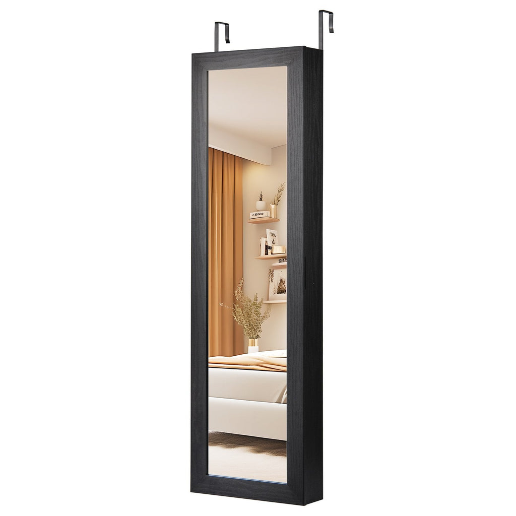 Full Length Mirror Jewelry Cabinet with Ring Slots and Necklace Hooks-Black