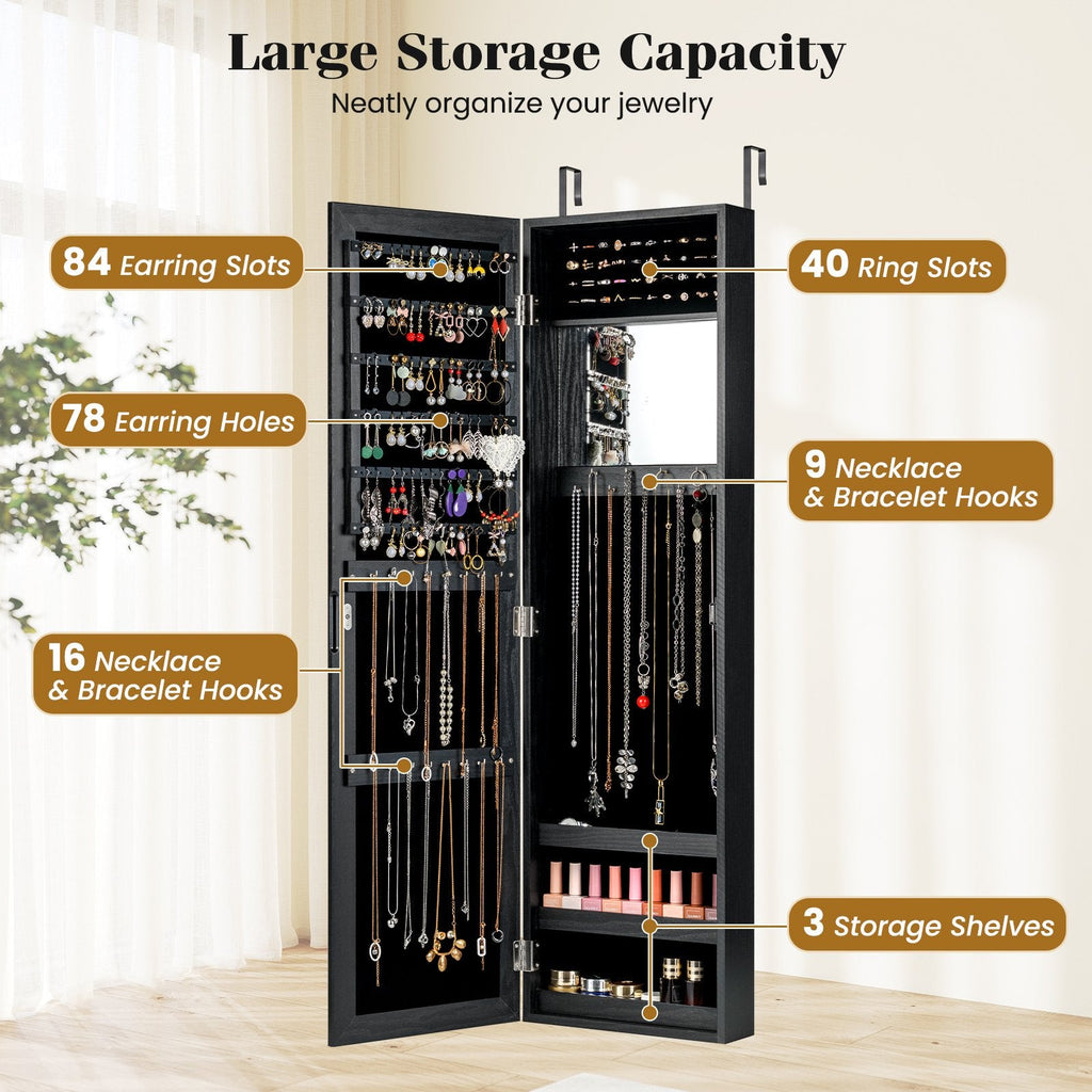 Full Length Mirror Jewelry Cabinet with Ring Slots and Necklace Hooks-Black