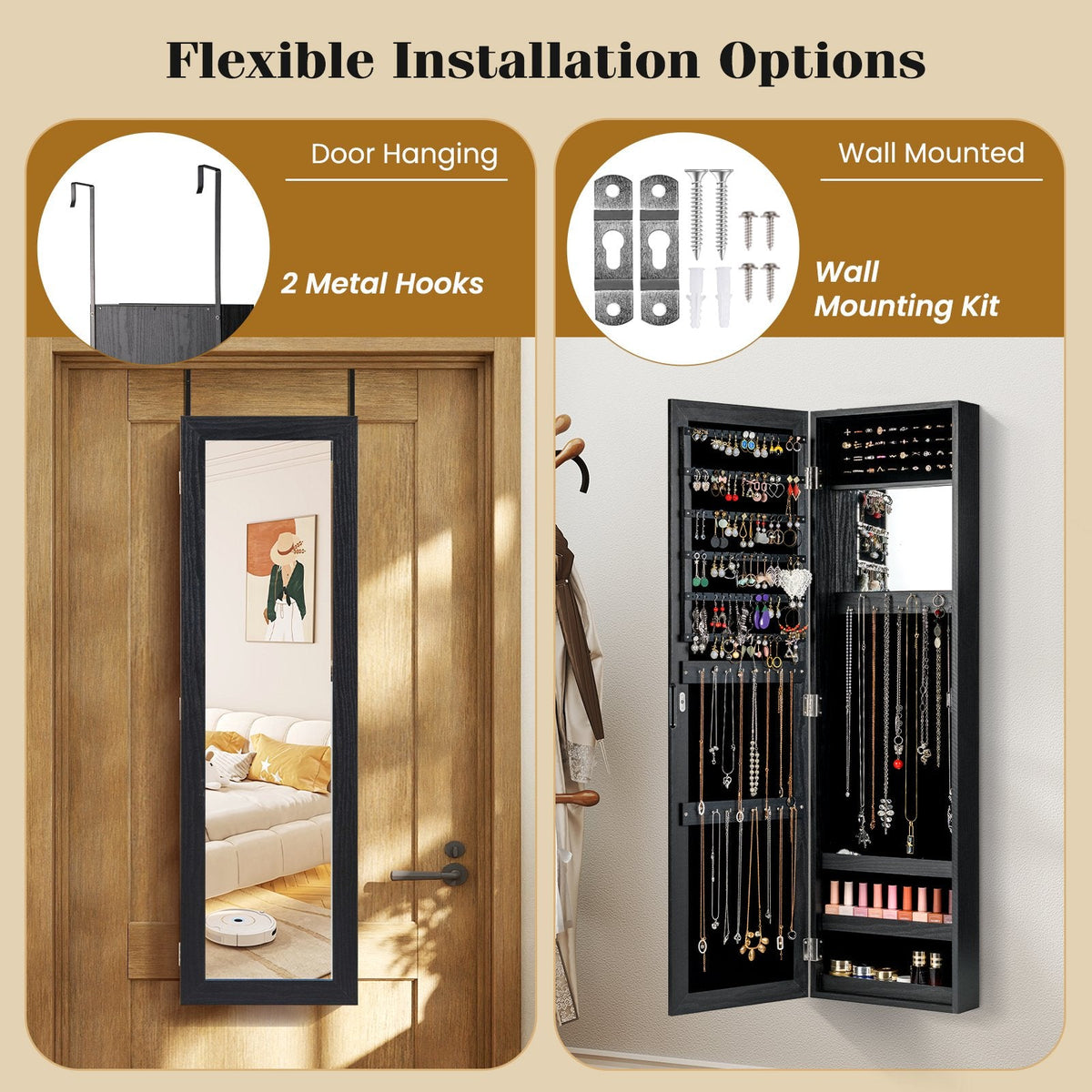Full Length Mirror Jewelry Cabinet with Ring Slots and Necklace Hooks-Black