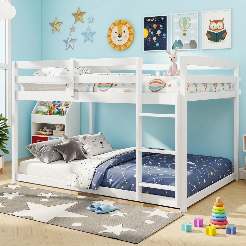 Full Over Full Bunk Bed Low-to-ground Bunk Bed-White