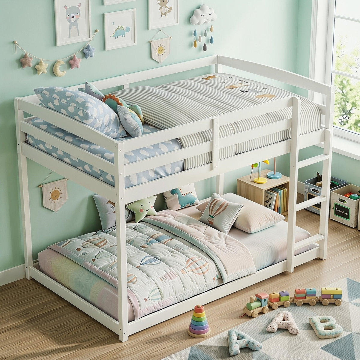 Full Over Full Bunk Bed Low-to-ground Bunk Bed-White