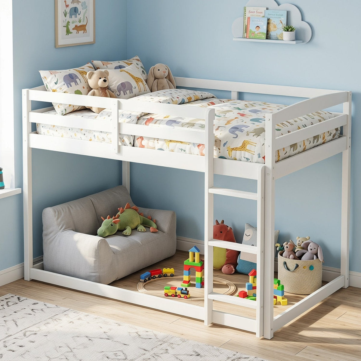 Full Over Full Bunk Bed Low-to-ground Bunk Bed-White