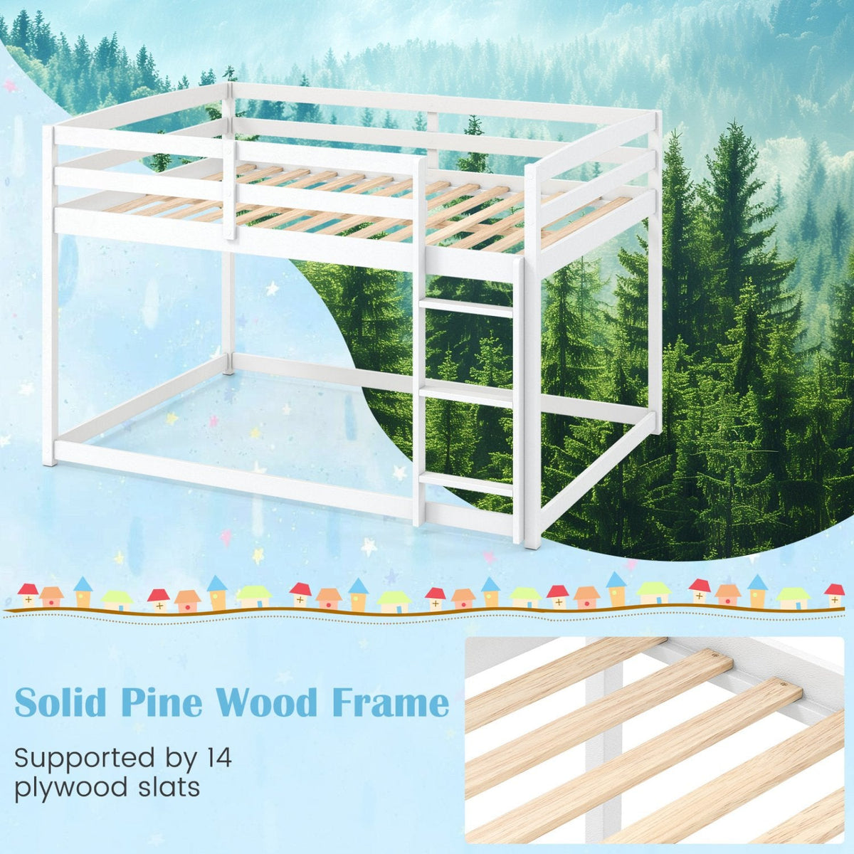 Full Over Full Bunk Bed Low-to-ground Bunk Bed-White