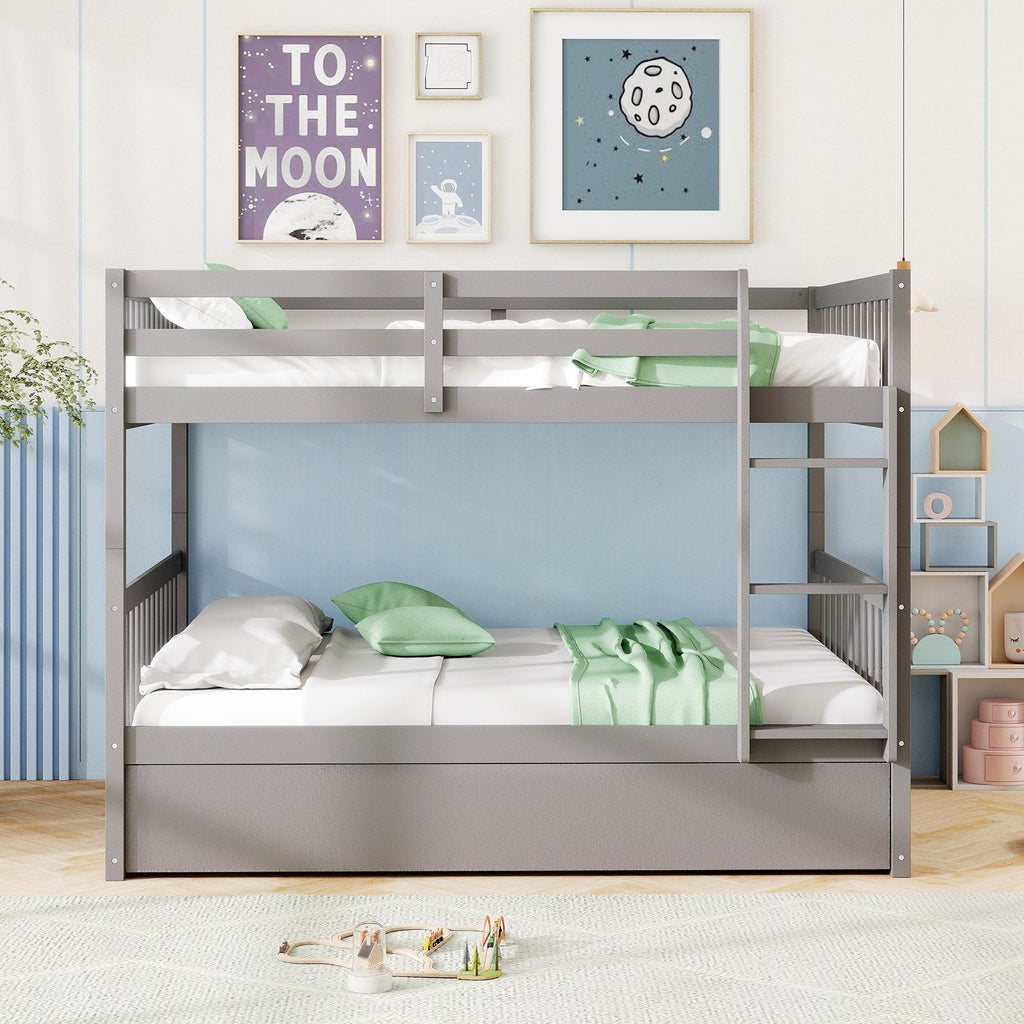 Full over Full Bunk Bed Platform Wood Bed with Ladder-Gray