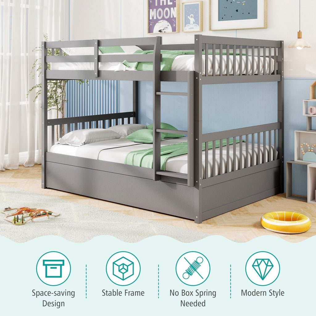 Full over Full Bunk Bed Platform Wood Bed with Ladder-Gray