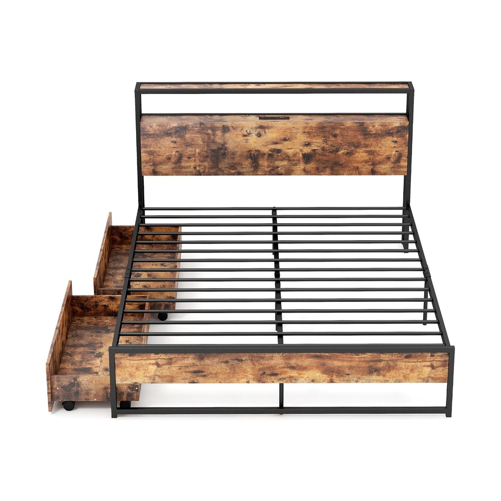 Queen Metal Bed Frame with 2 Tier Storage Headboard, Charging Station and 2 Drawers