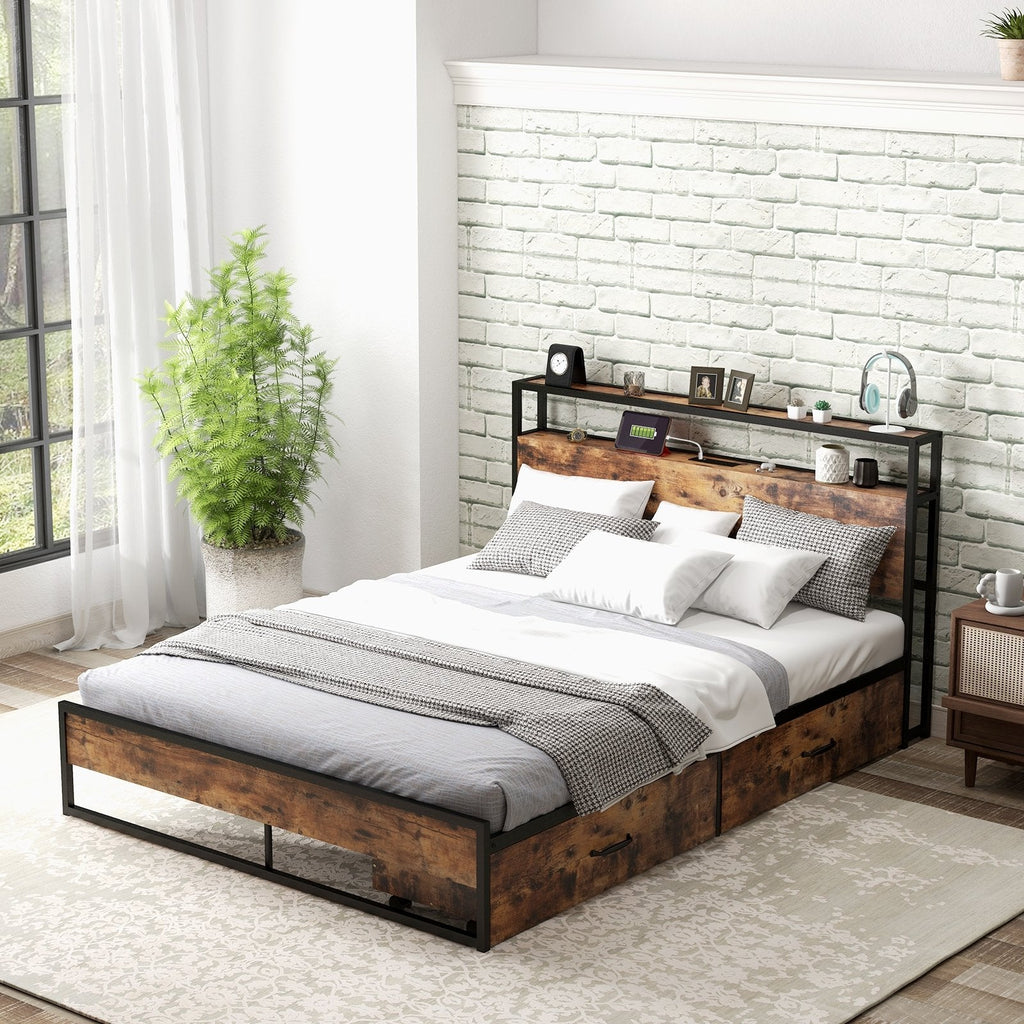 Queen Metal Bed Frame with 2 Tier Storage Headboard, Charging Station and 2 Drawers