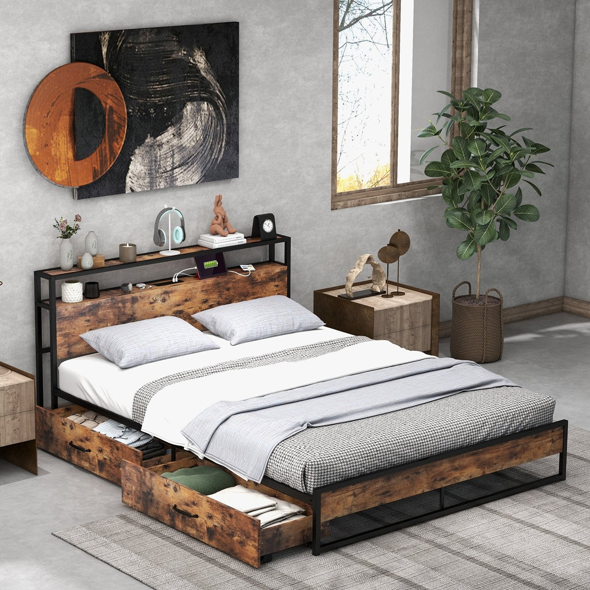 Queen Metal Bed Frame with 2 Tier Storage Headboard, Charging Station and 2 Drawers