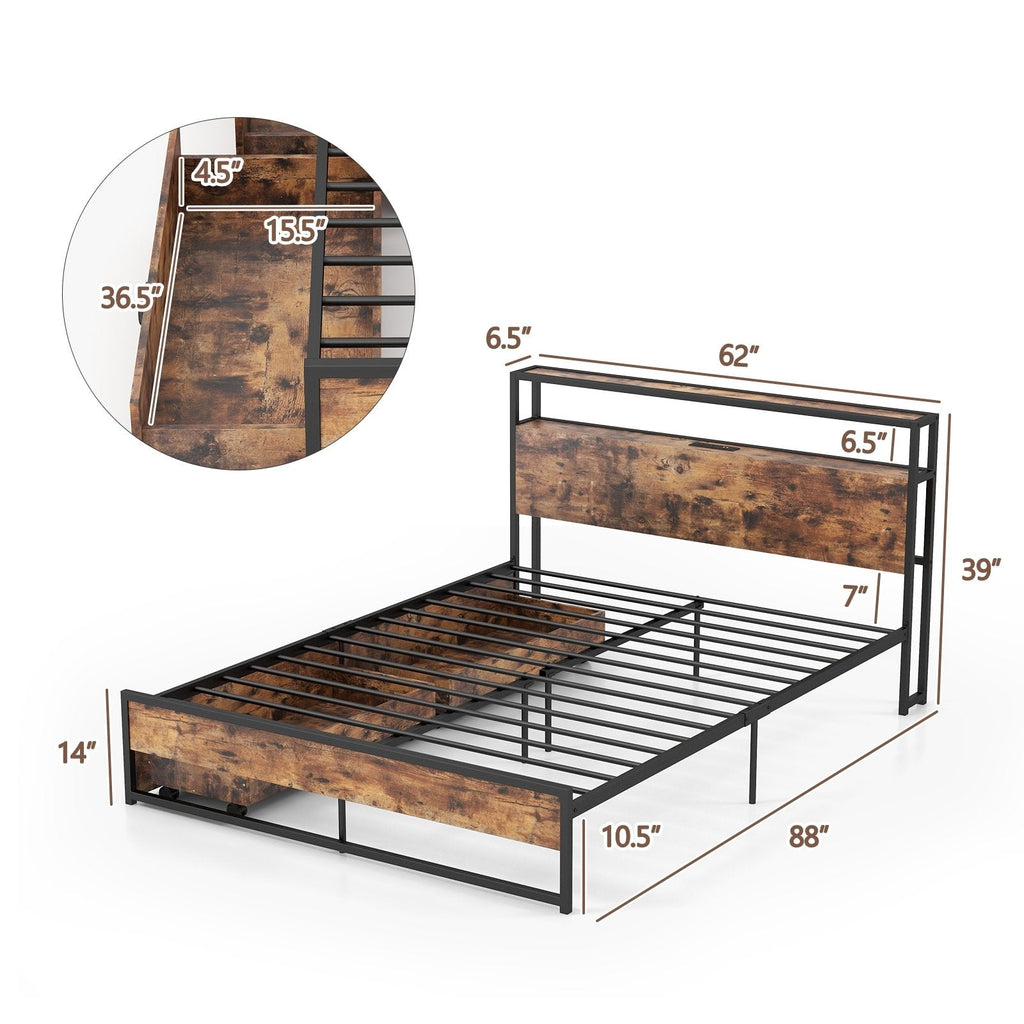Queen Metal Bed Frame with 2 Tier Storage Headboard, Charging Station and 2 Drawers