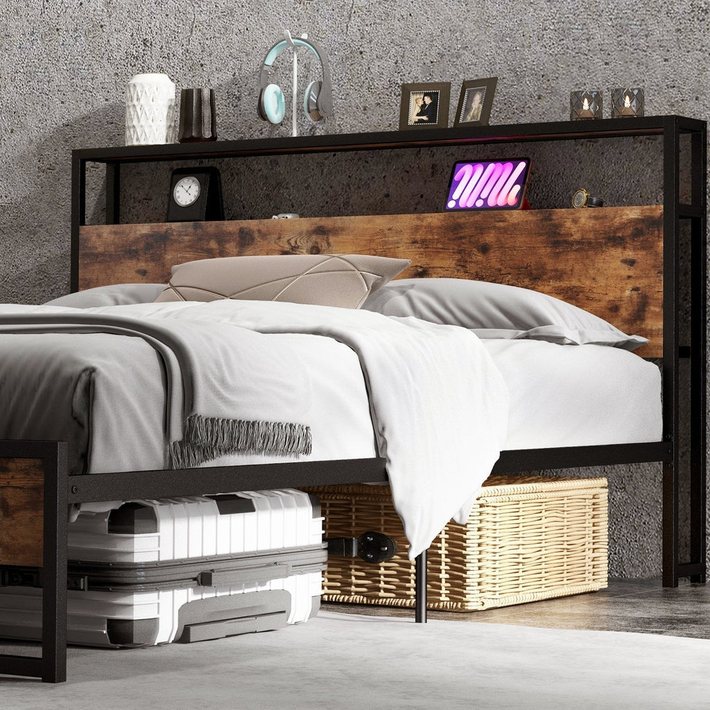 Queen Metal Bed Frame with 2 Tier Storage Headboard, Charging Station and 2 Drawers