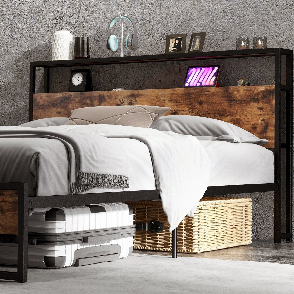 Queen Metal Bed Frame with 2 Tier Storage Headboard, Charging Station and 2 Drawers