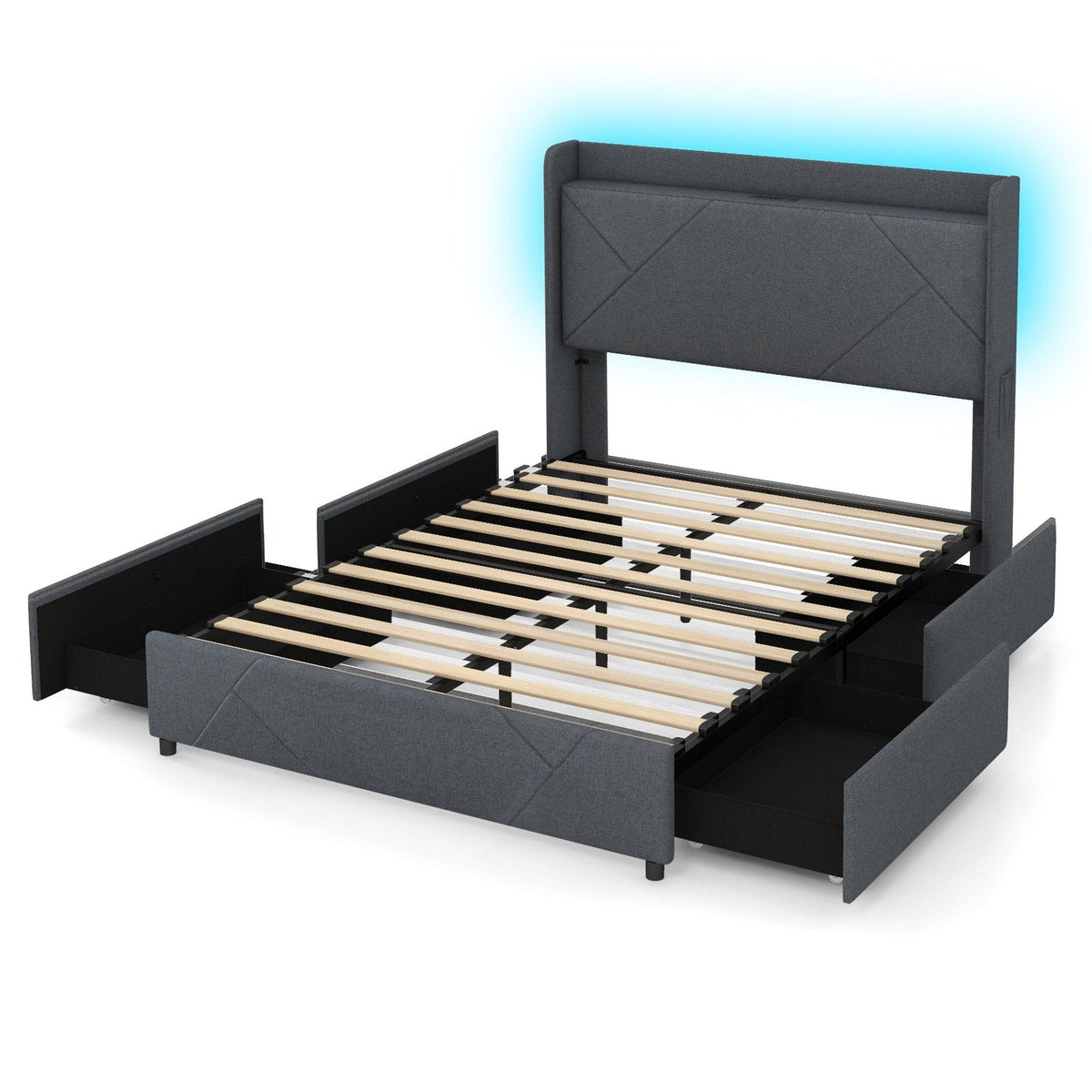 Full Size Upholstered LED Bed with 48 Inch Wingback Headboard, Charging Station and 4 Drawers